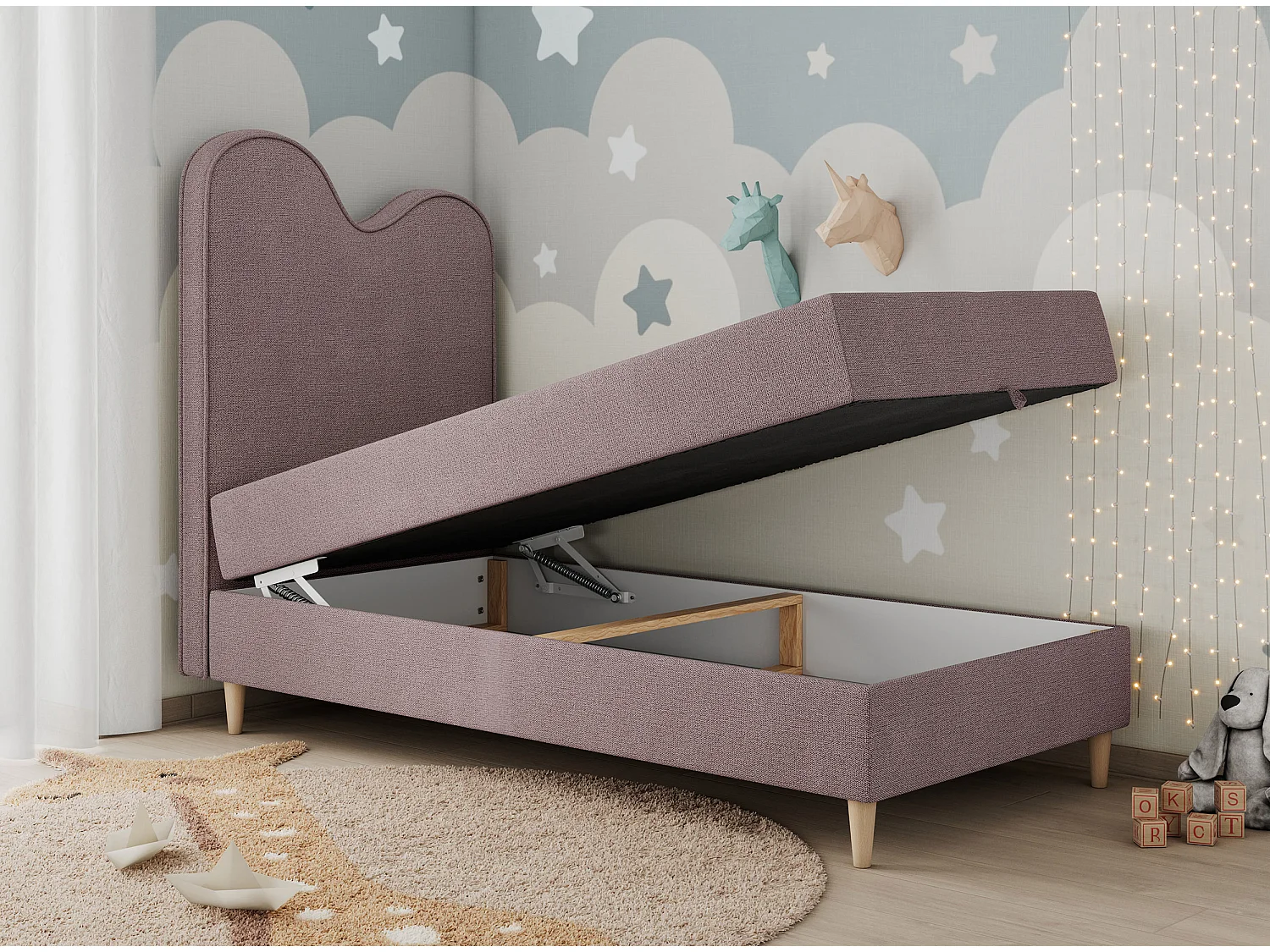 Kinderbett FLOW - Boxspringbett mit Stauraum, Einzelbett für Jugendliche, Bettkasten und hohe Kopfteil - 90x180 cm - Rosa Strukture