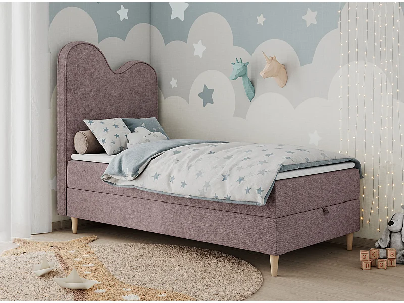 Kinderbett FLOW - Boxspringbett mit Stauraum, Einzelbett für Jugendliche, Bettkasten und hohe Kopfteil - 90x180 cm - Rosa Strukture
