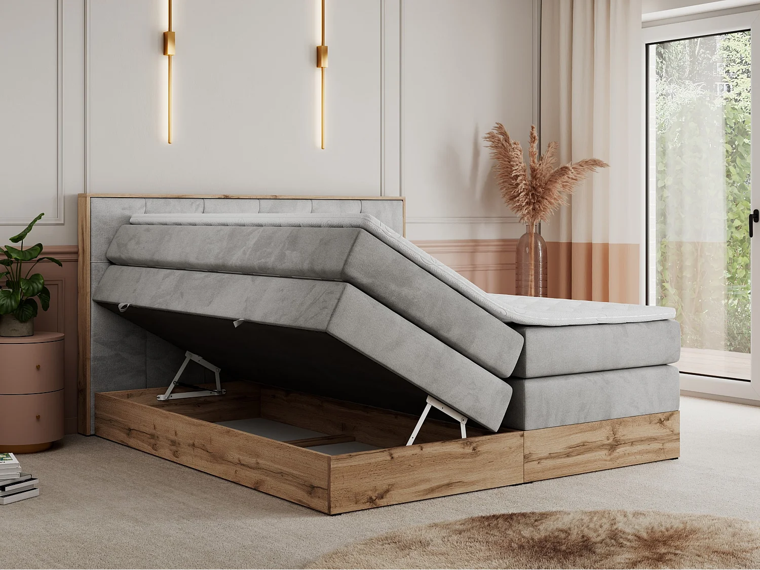 Boxspringbett VENETO KING - Polsterbett mit Multipocket-Matratzen und Kopfteil, Holzrahmen, zwei Bettkästen - 160x200 cm - H3 - Hellgrau Velvet