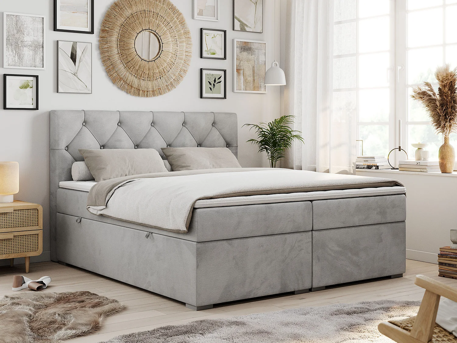 Boxspringbett ALDA - Doppelbett mit gestepptem Kopfteil, Multipocket-Matratze und Topper, zwei Bettkästen - 180x200 cm - H4 - Hellgrau Velvet