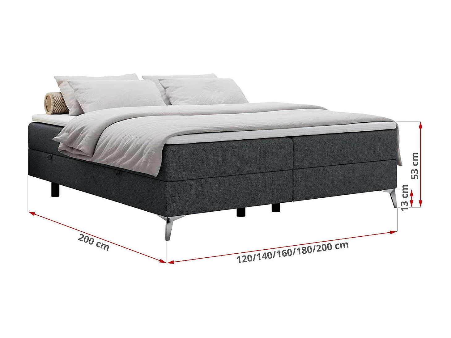 Boxspringbett LESS - Doppelbett mit zwei Bettkästen, 7 Härtezonen Multipocket-Matratzen, hohe Metallbeine - 200x200 cm - H4 - Dunkelgrau Strukture