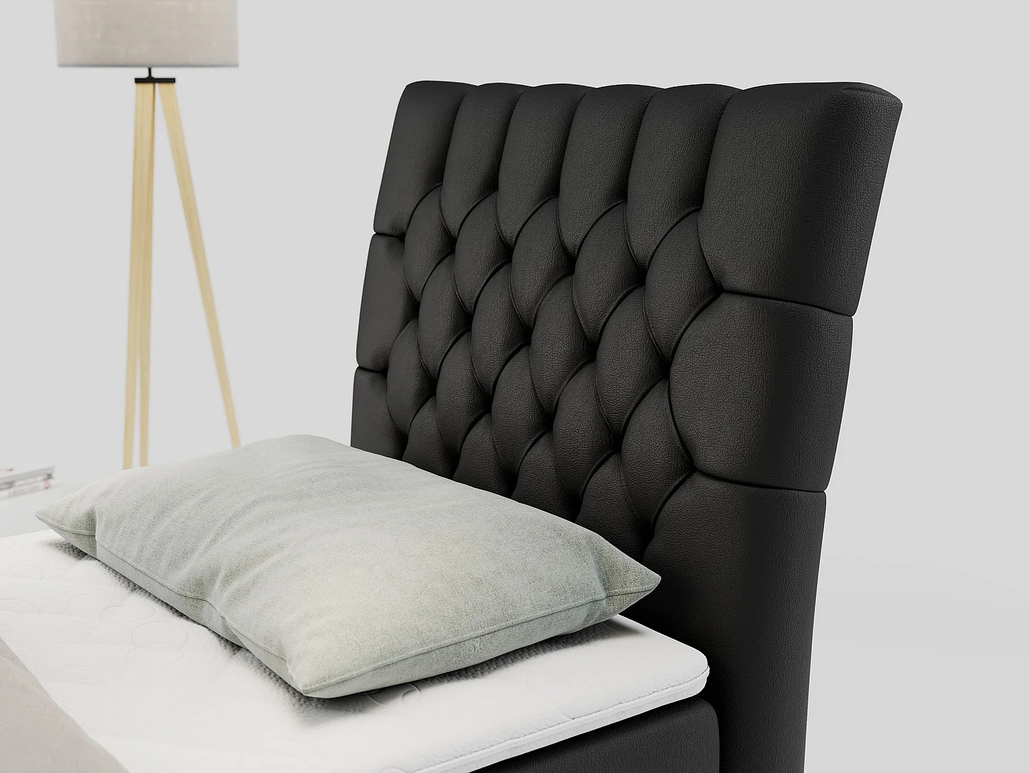 Boxspringbett MILEN - Polsterbett auf Metallbeine, Set mit Multipocket-Matratze, Gesteppte Kopfstütze - 90x200 cm - H4 - Schwarz Kunstleder - Rechts Seite