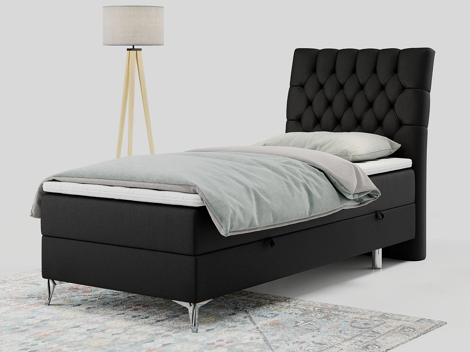 Boxspringbett MILEN - Polsterbett auf Metallbeine, Set mit Multipocket-Matratze, Gesteppte Kopfstütze - 90x200 cm - H4 - Schwarz Kunstleder - Rechts Seite