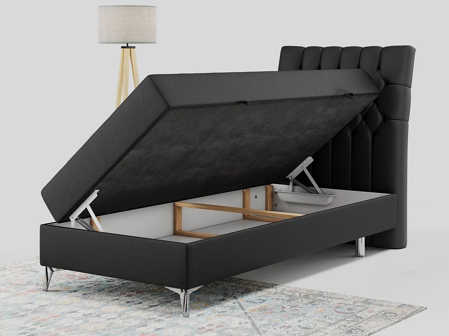 Boxspringbett MILEN - Polsterbett auf Metallbeine, Set mit Multipocket-Matratze, Gesteppte Kopfstütze - 90x200 cm - H4 - Schwarz Kunstleder - Rechts Seite