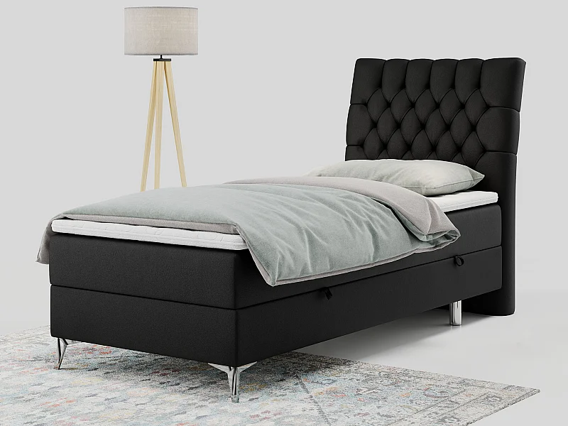 Boxspringbett MILEN - Polsterbett auf Metallbeine, Set mit Multipocket-Matratze, Gesteppte Kopfstütze - 90x200 cm - H4 - Schwarz Kunstleder - Rechts Seite