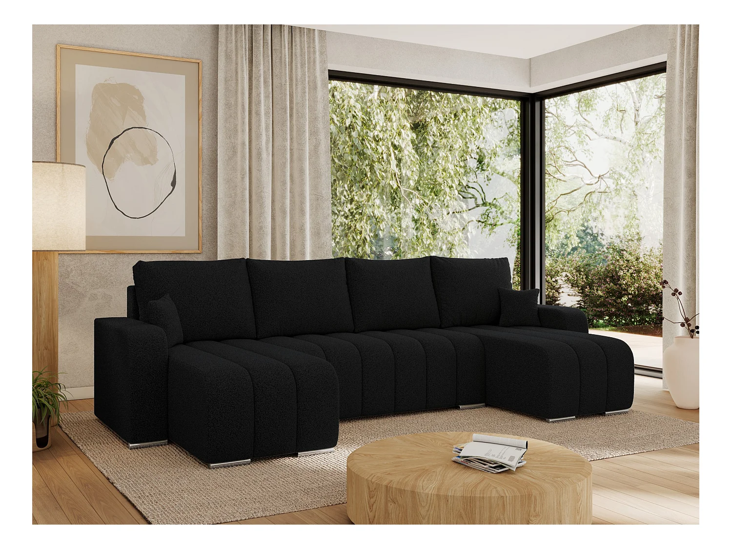 Ecksofa KIRASSO U - Wohnlandschaft, Schlaffunktion und Bettkasten, Couch U-form, lose Kissen - Schwarz Boucle