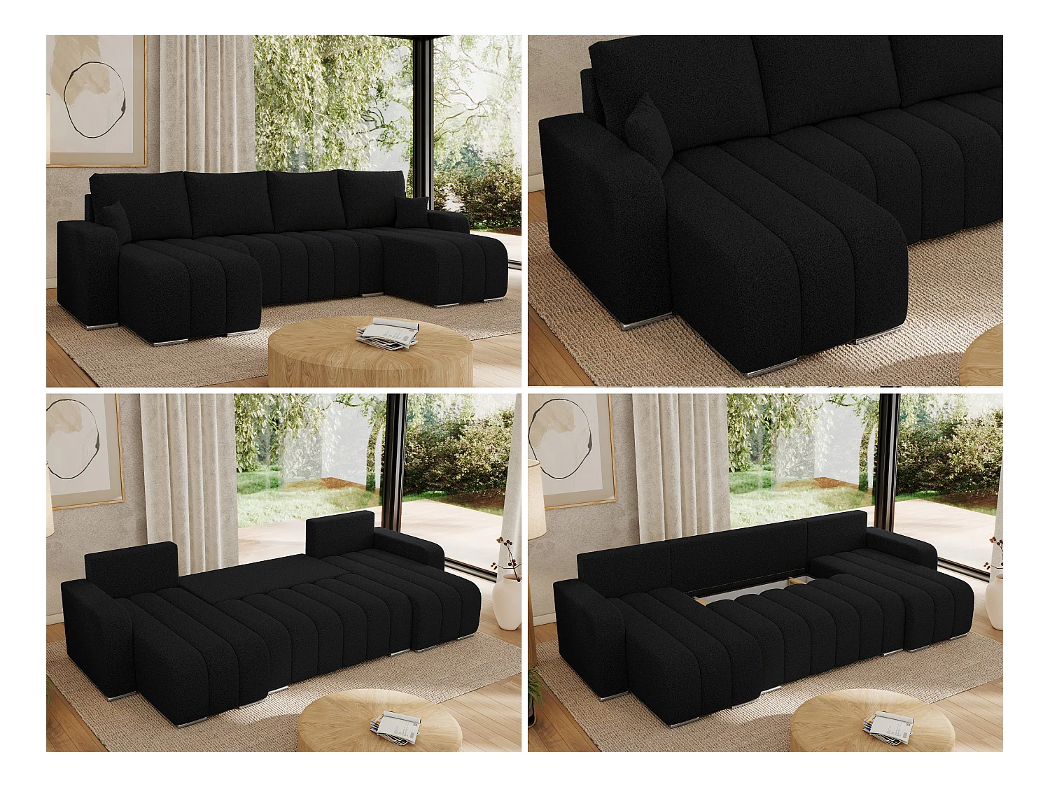 Ecksofa KIRASSO U - Wohnlandschaft, Schlaffunktion und Bettkasten, Couch U-form, lose Kissen - Schwarz Boucle