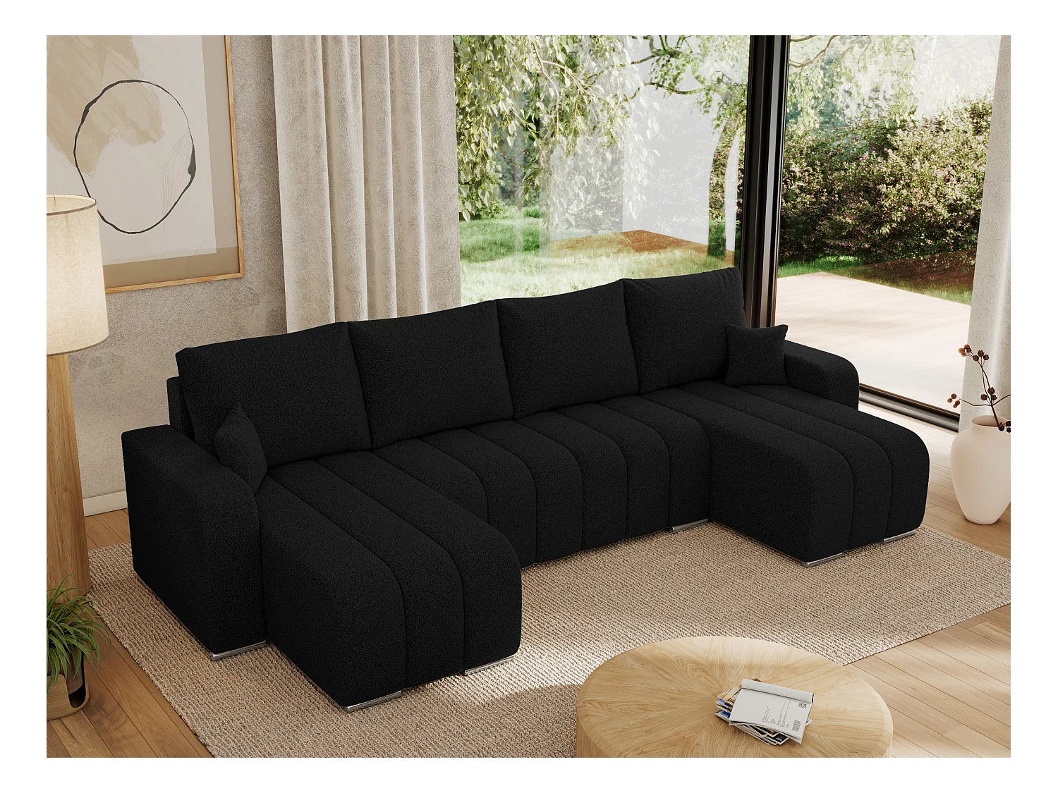 Ecksofa KIRASSO U - Wohnlandschaft, Schlaffunktion und Bettkasten, Couch U-form, lose Kissen - Schwarz Boucle