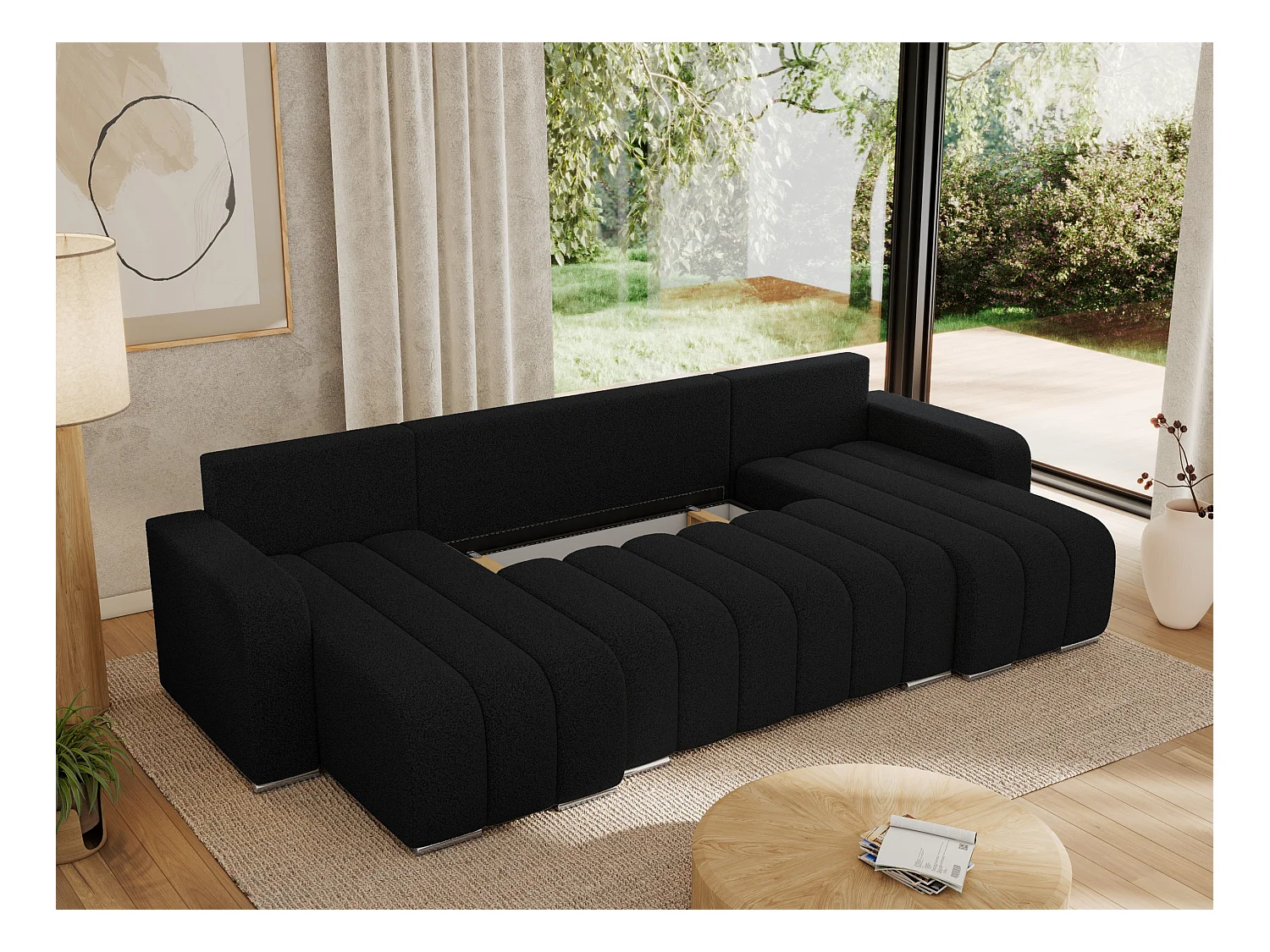 Ecksofa KIRASSO U - Wohnlandschaft, Schlaffunktion und Bettkasten, Couch U-form, lose Kissen - Schwarz Boucle
