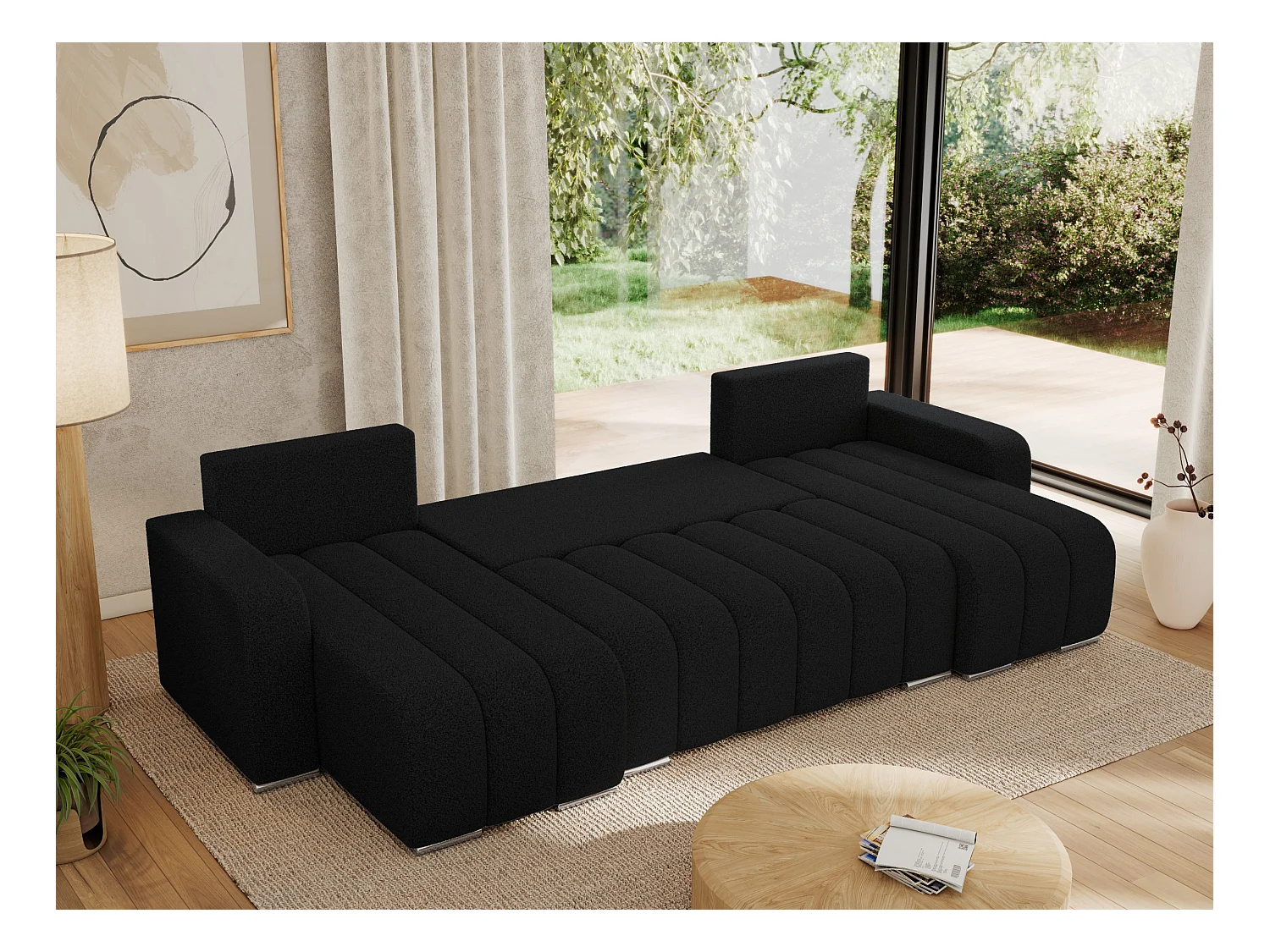 Ecksofa KIRASSO U - Wohnlandschaft, Schlaffunktion und Bettkasten, Couch U-form, lose Kissen - Schwarz Boucle