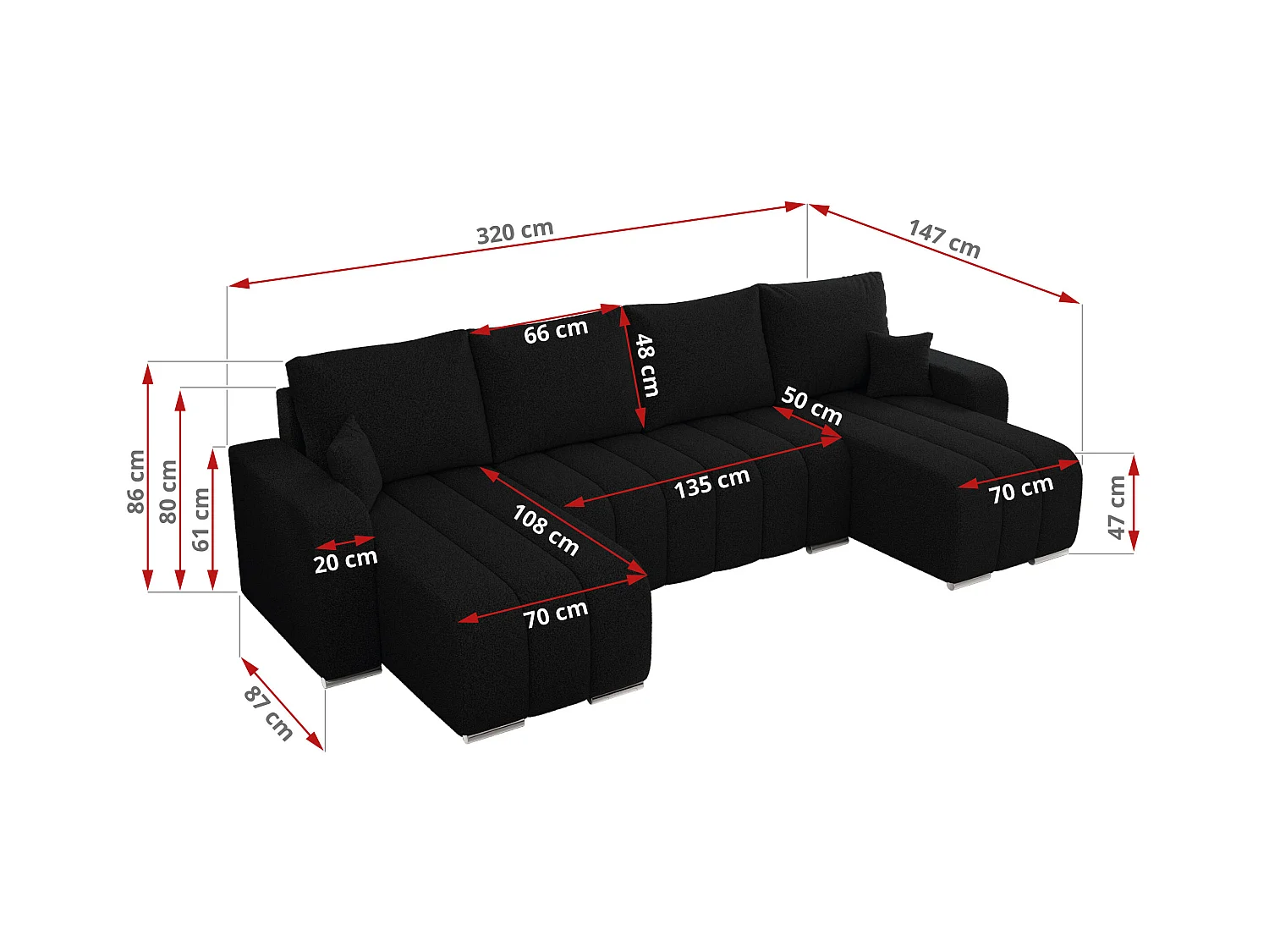 Ecksofa KIRASSO U - Wohnlandschaft, Schlaffunktion und Bettkasten, Couch U-form, lose Kissen - Schwarz Boucle