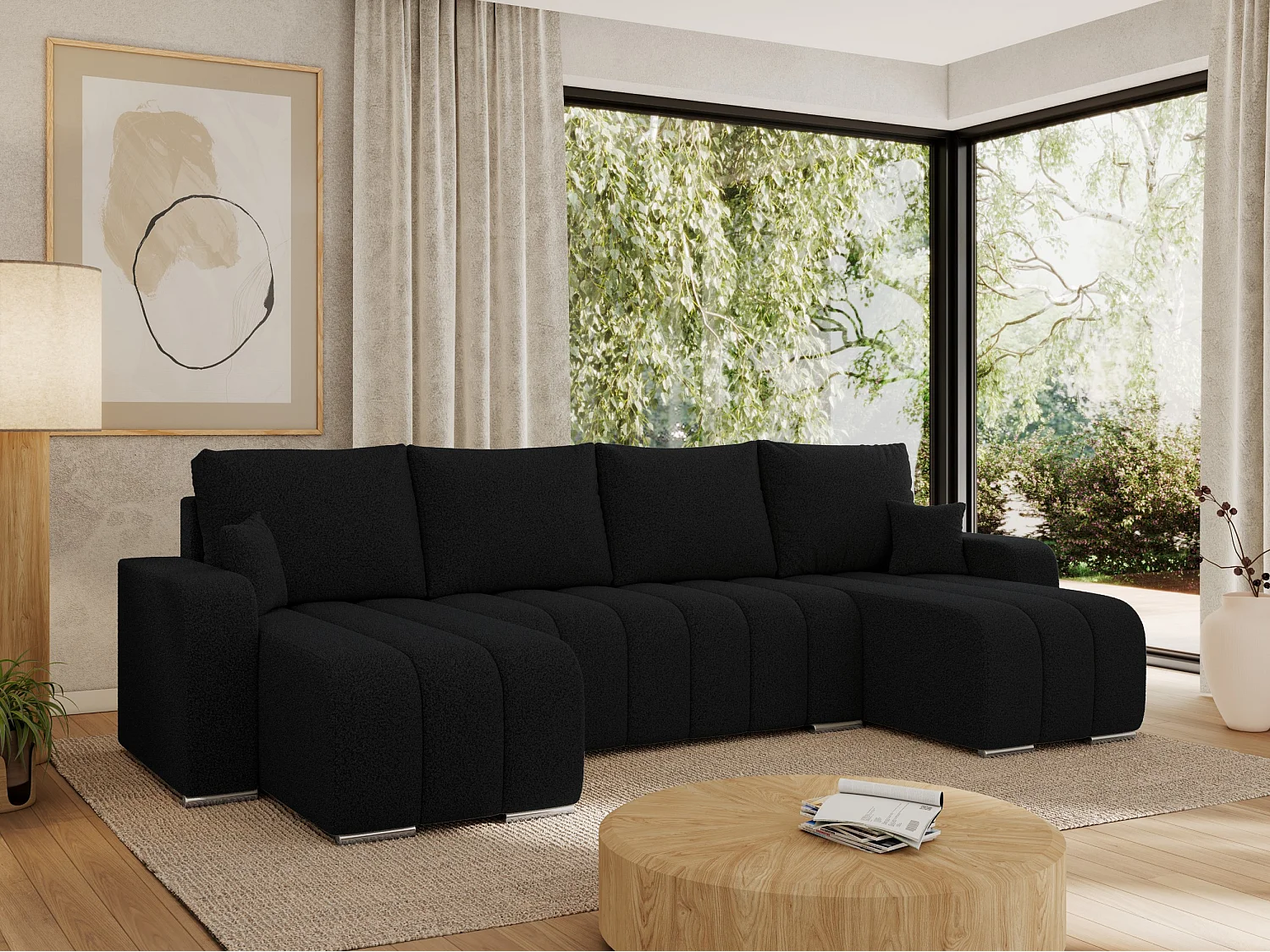 Ecksofa KIRASSO U - Wohnlandschaft, Schlaffunktion und Bettkasten, Couch U-form, lose Kissen - Schwarz Boucle