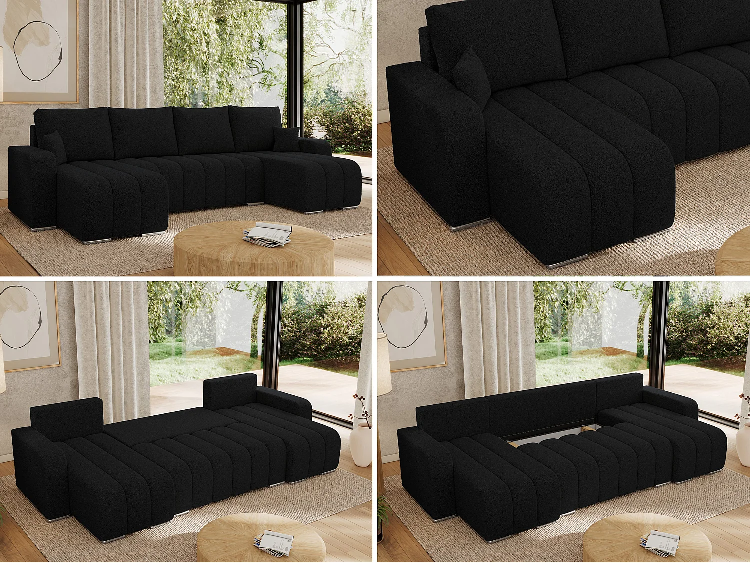 Ecksofa KIRASSO U - Wohnlandschaft, Schlaffunktion und Bettkasten, Couch U-form, lose Kissen - Schwarz Boucle