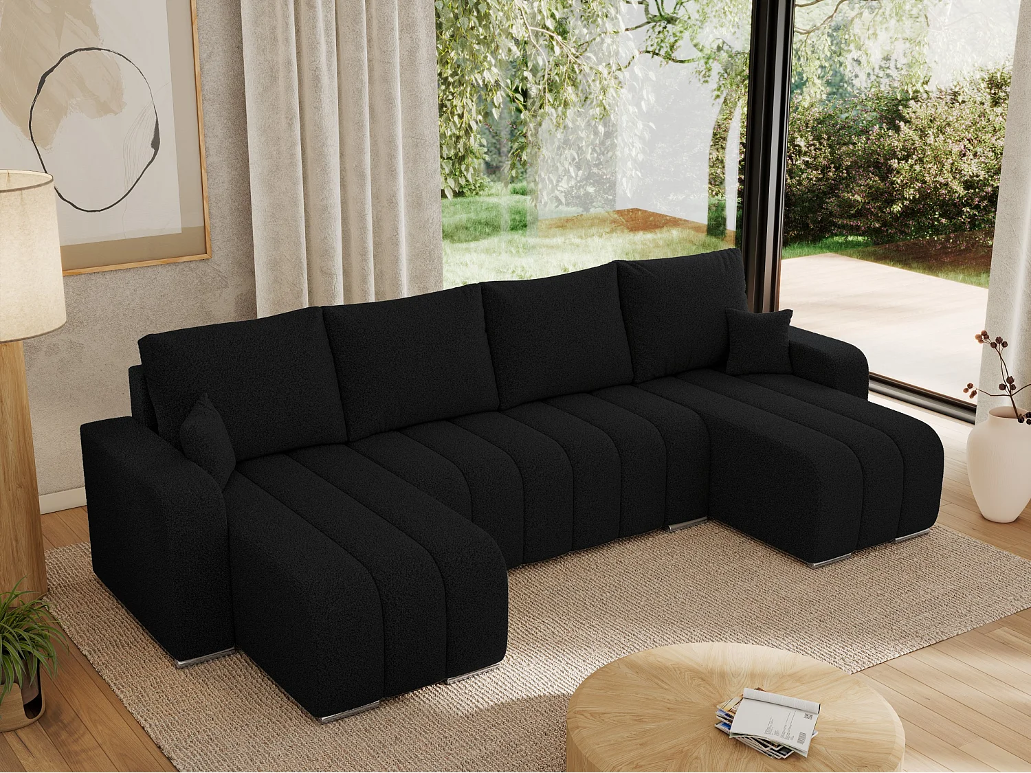 Ecksofa KIRASSO U - Wohnlandschaft, Schlaffunktion und Bettkasten, Couch U-form, lose Kissen - Schwarz Boucle