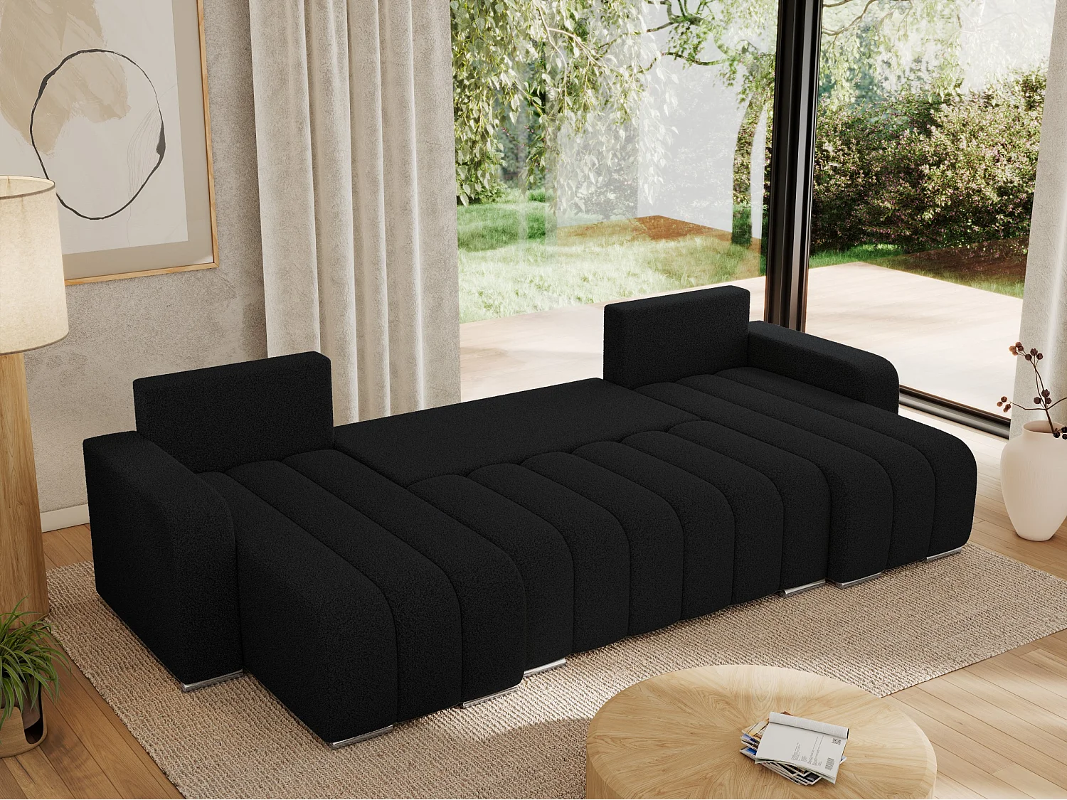 Ecksofa KIRASSO U - Wohnlandschaft, Schlaffunktion und Bettkasten, Couch U-form, lose Kissen - Schwarz Boucle