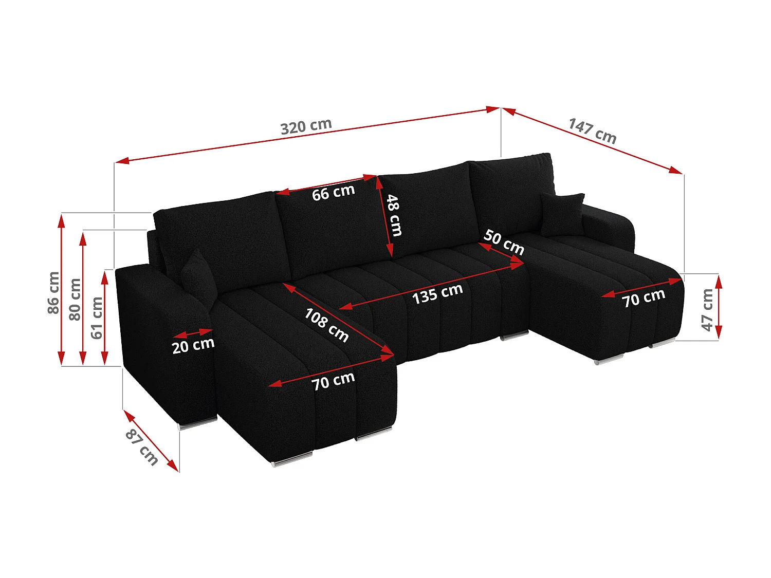 Ecksofa KIRASSO U - Wohnlandschaft, Schlaffunktion und Bettkasten, Couch U-form, lose Kissen - Schwarz Boucle