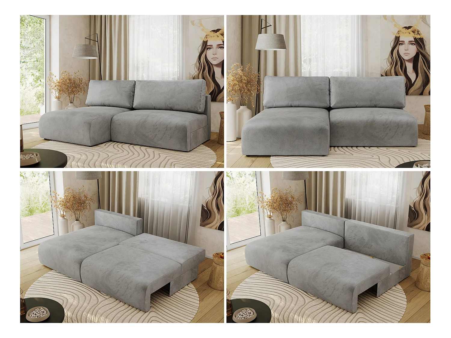 Ecksofa VIVO - L-form Couch mit Schlaffunktion und Bettkasten, Wellenfeder - Hellgrau Velvet - Ecke Links