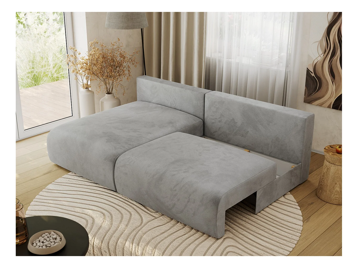 Ecksofa VIVO - L-form Couch mit Schlaffunktion und Bettkasten, Wellenfeder - Hellgrau Velvet - Ecke Links