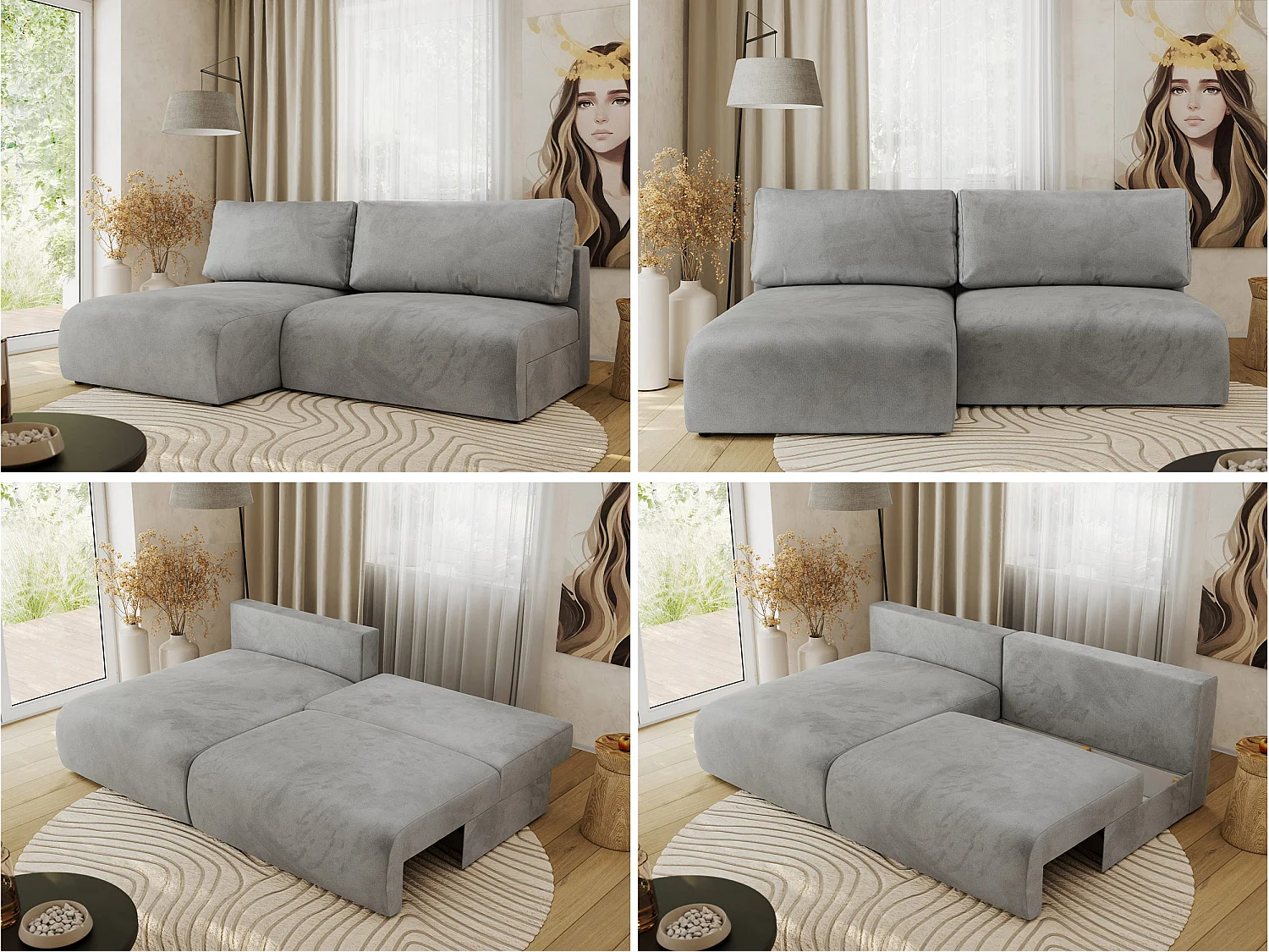 Ecksofa VIVO - L-form Couch mit Schlaffunktion und Bettkasten, Wellenfeder - Hellgrau Velvet - Ecke Links
