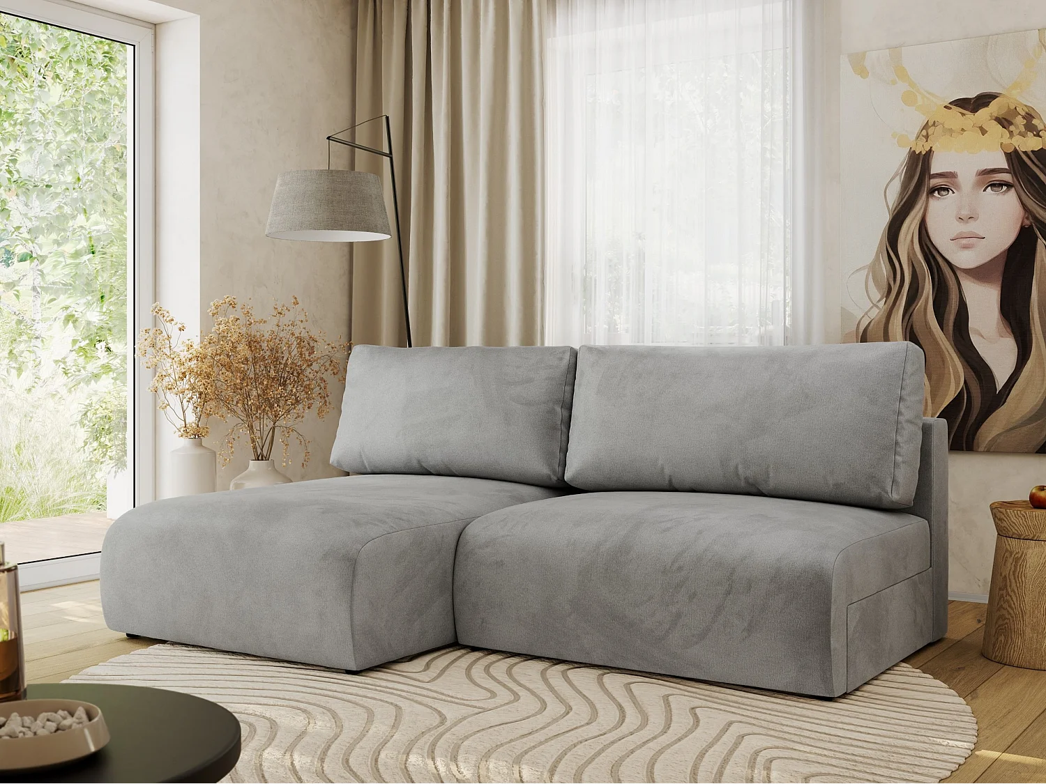 Ecksofa VIVO - L-form Couch mit Schlaffunktion und Bettkasten, Wellenfeder - Hellgrau Velvet - Ecke Links