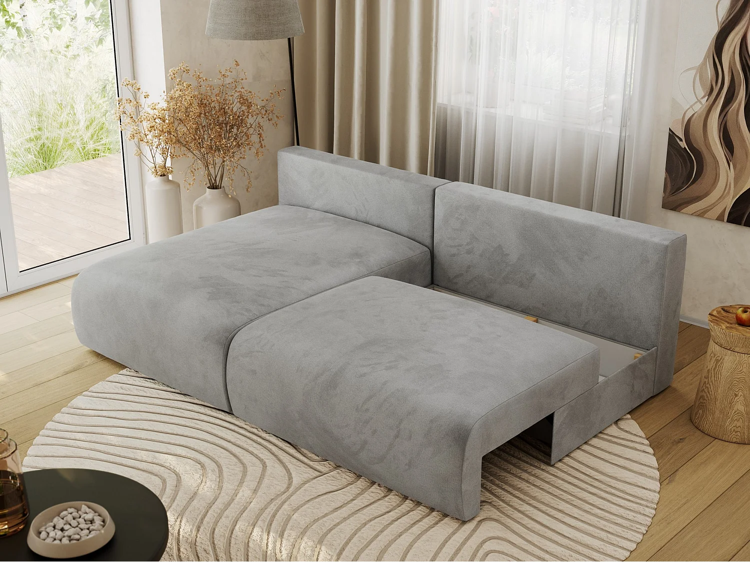 Ecksofa VIVO - L-form Couch mit Schlaffunktion und Bettkasten, Wellenfeder - Hellgrau Velvet - Ecke Links