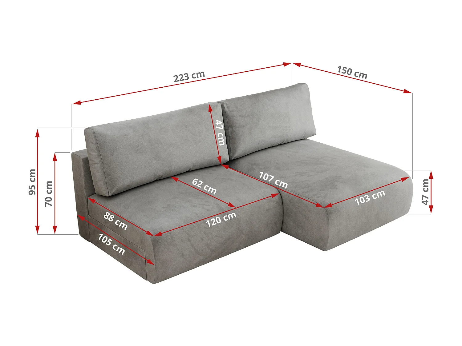 Ecksofa VIVO - L-form Couch mit Schlaffunktion und Bettkasten, Wellenfeder - Hellgrau Velvet - Ecke Links