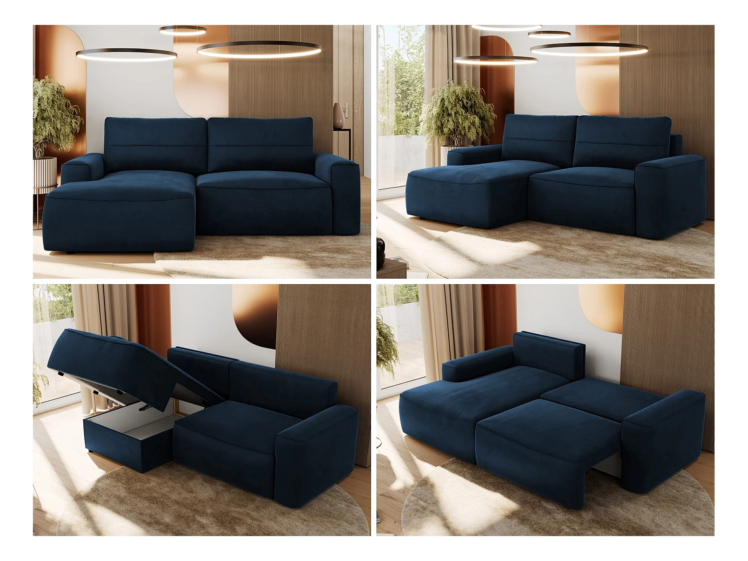 Ecksofa BELLUNO - Schlafsofa mit Bettkasten, Armlehnen, Couch L-form mit Schlaffunktion - Dunkelblau Velvet - Ecke Links