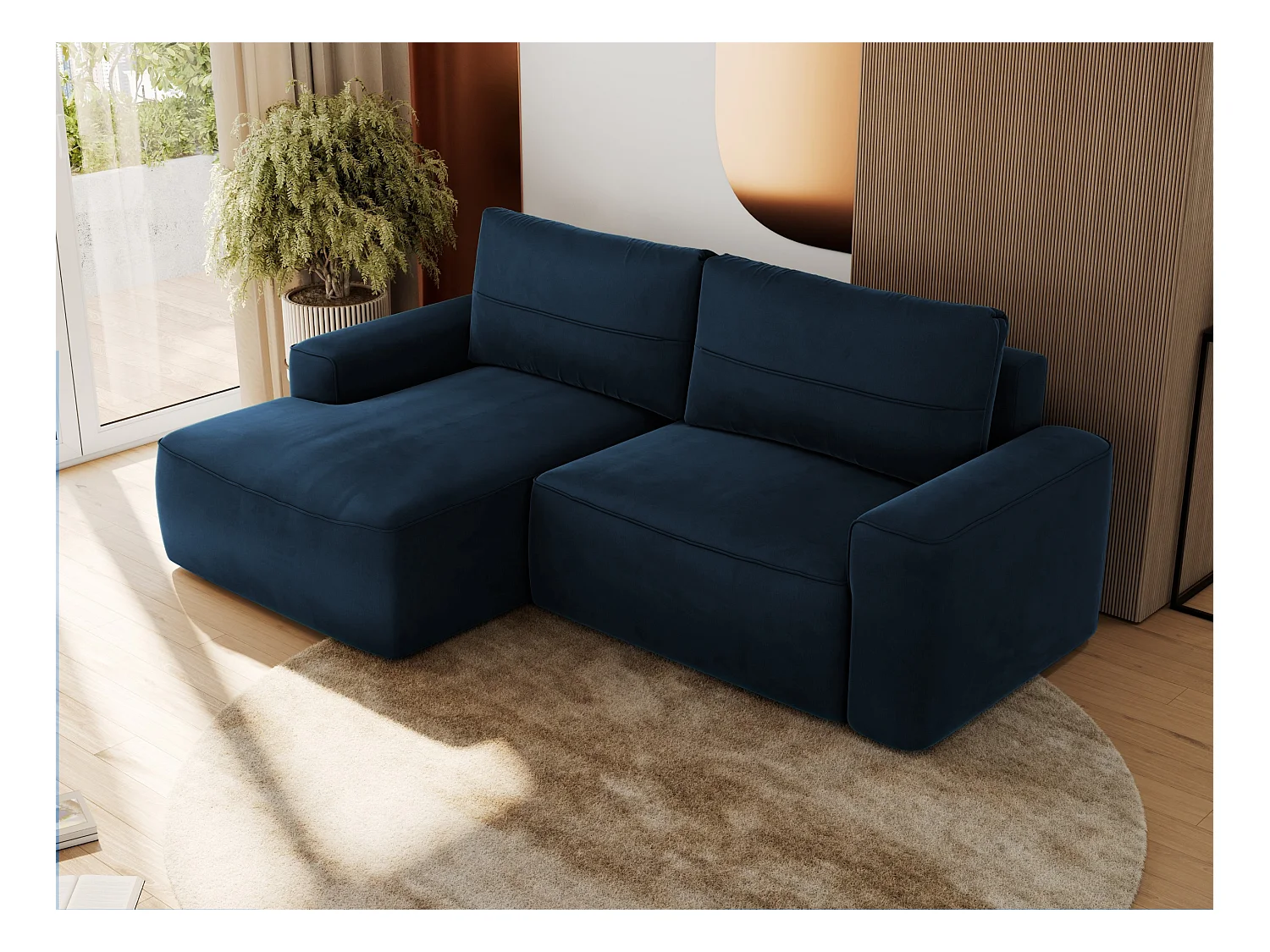 Ecksofa BELLUNO - Schlafsofa mit Bettkasten, Armlehnen, Couch L-form mit Schlaffunktion - Dunkelblau Velvet - Ecke Links