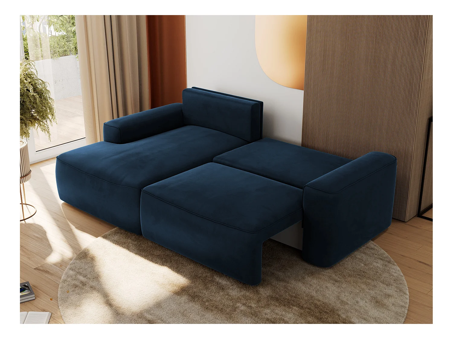 Ecksofa BELLUNO - Schlafsofa mit Bettkasten, Armlehnen, Couch L-form mit Schlaffunktion - Dunkelblau Velvet - Ecke Links