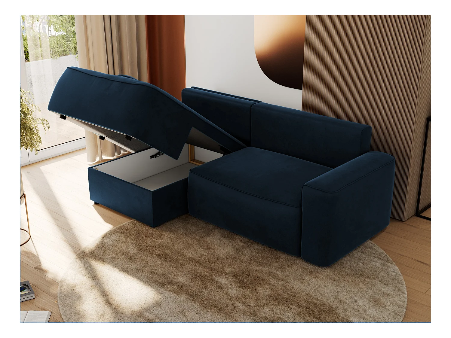 Ecksofa BELLUNO - Schlafsofa mit Bettkasten, Armlehnen, Couch L-form mit Schlaffunktion - Dunkelblau Velvet - Ecke Links