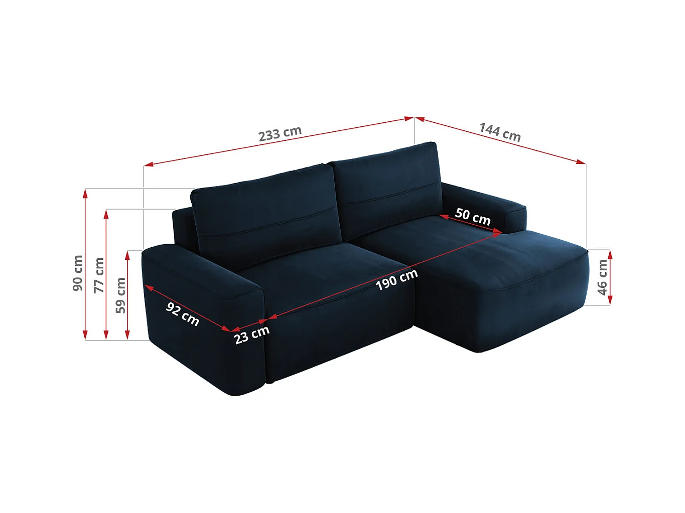 Ecksofa BELLUNO - Schlafsofa mit Bettkasten, Armlehnen, Couch L-form mit Schlaffunktion - Dunkelblau Velvet - Ecke Links
