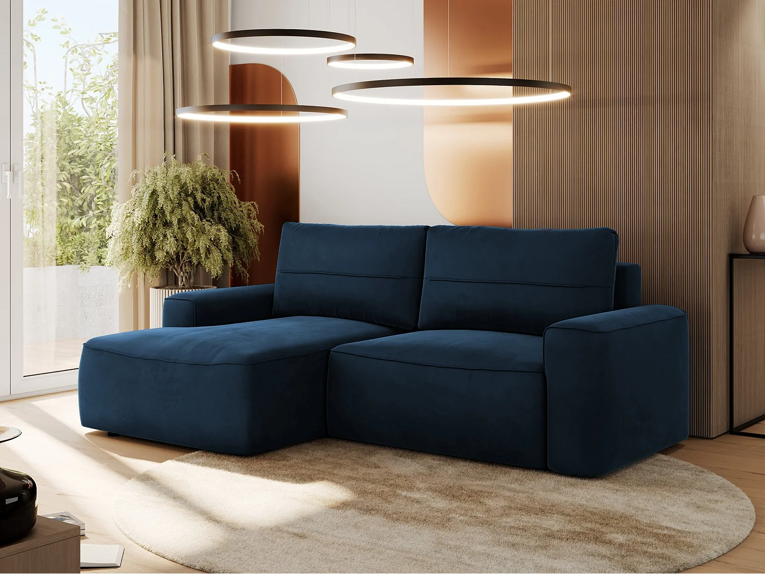 Ecksofa BELLUNO - Schlafsofa mit Bettkasten, Armlehnen, Couch L-form mit Schlaffunktion - Dunkelblau Velvet - Ecke Links