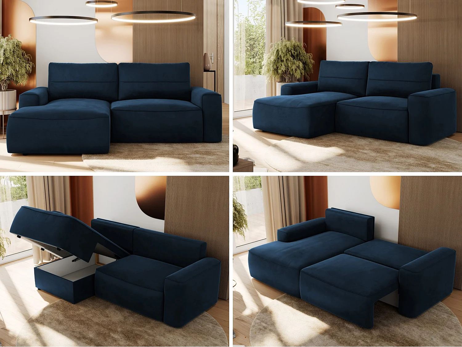Ecksofa BELLUNO - Schlafsofa mit Bettkasten, Armlehnen, Couch L-form mit Schlaffunktion - Dunkelblau Velvet - Ecke Links