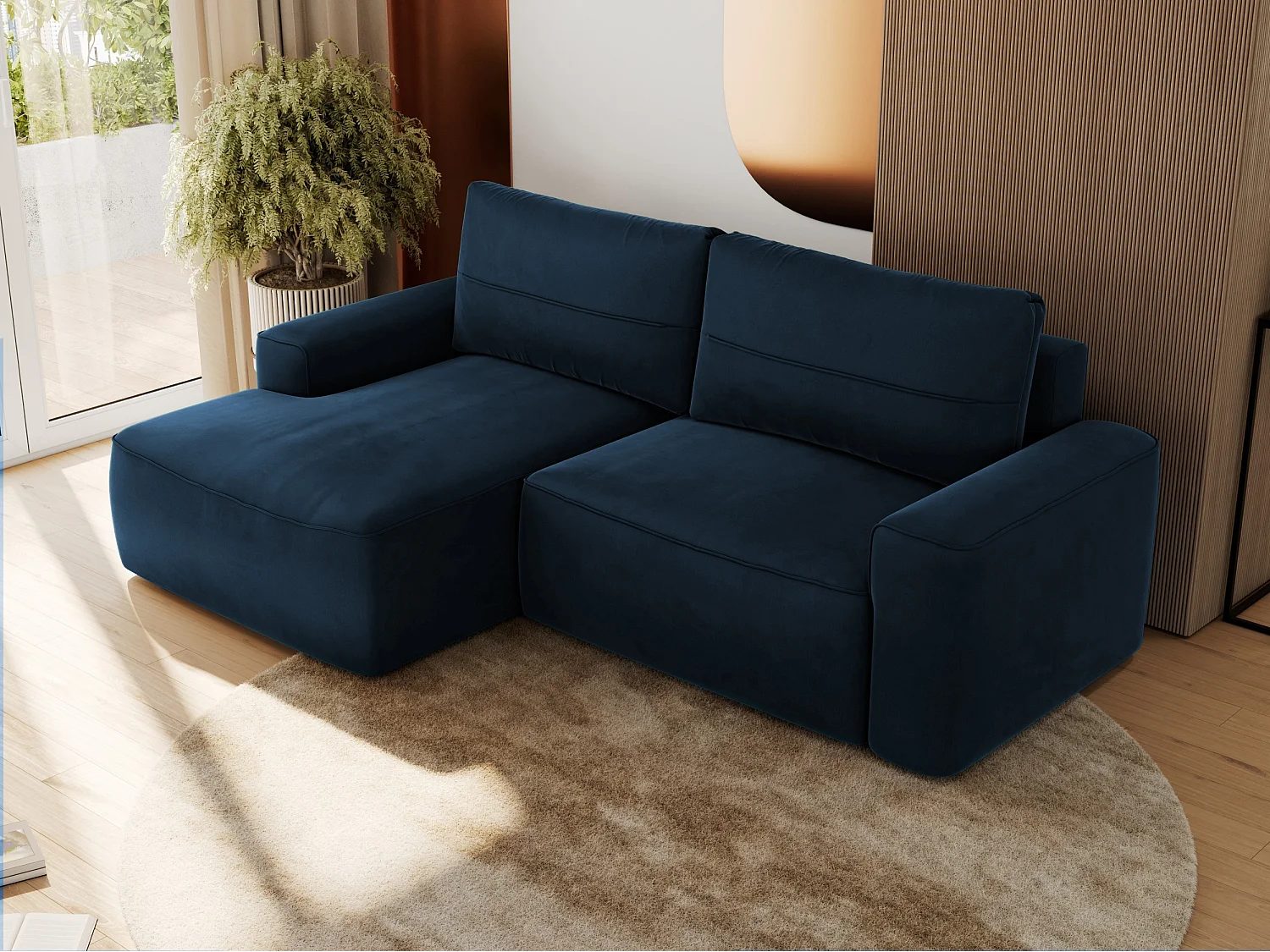 Ecksofa BELLUNO - Schlafsofa mit Bettkasten, Armlehnen, Couch L-form mit Schlaffunktion - Dunkelblau Velvet - Ecke Links