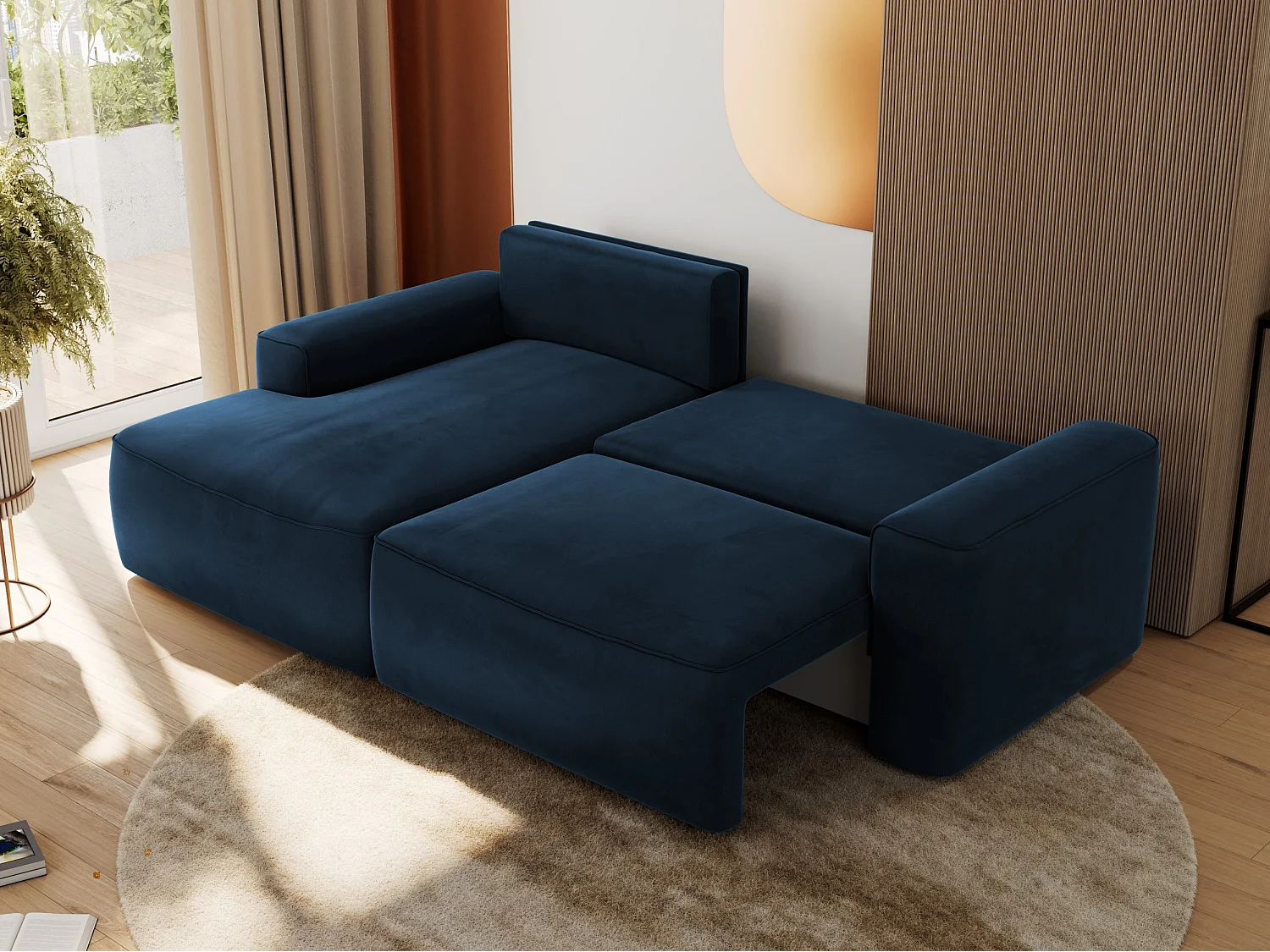 Ecksofa BELLUNO - Schlafsofa mit Bettkasten, Armlehnen, Couch L-form mit Schlaffunktion - Dunkelblau Velvet - Ecke Links