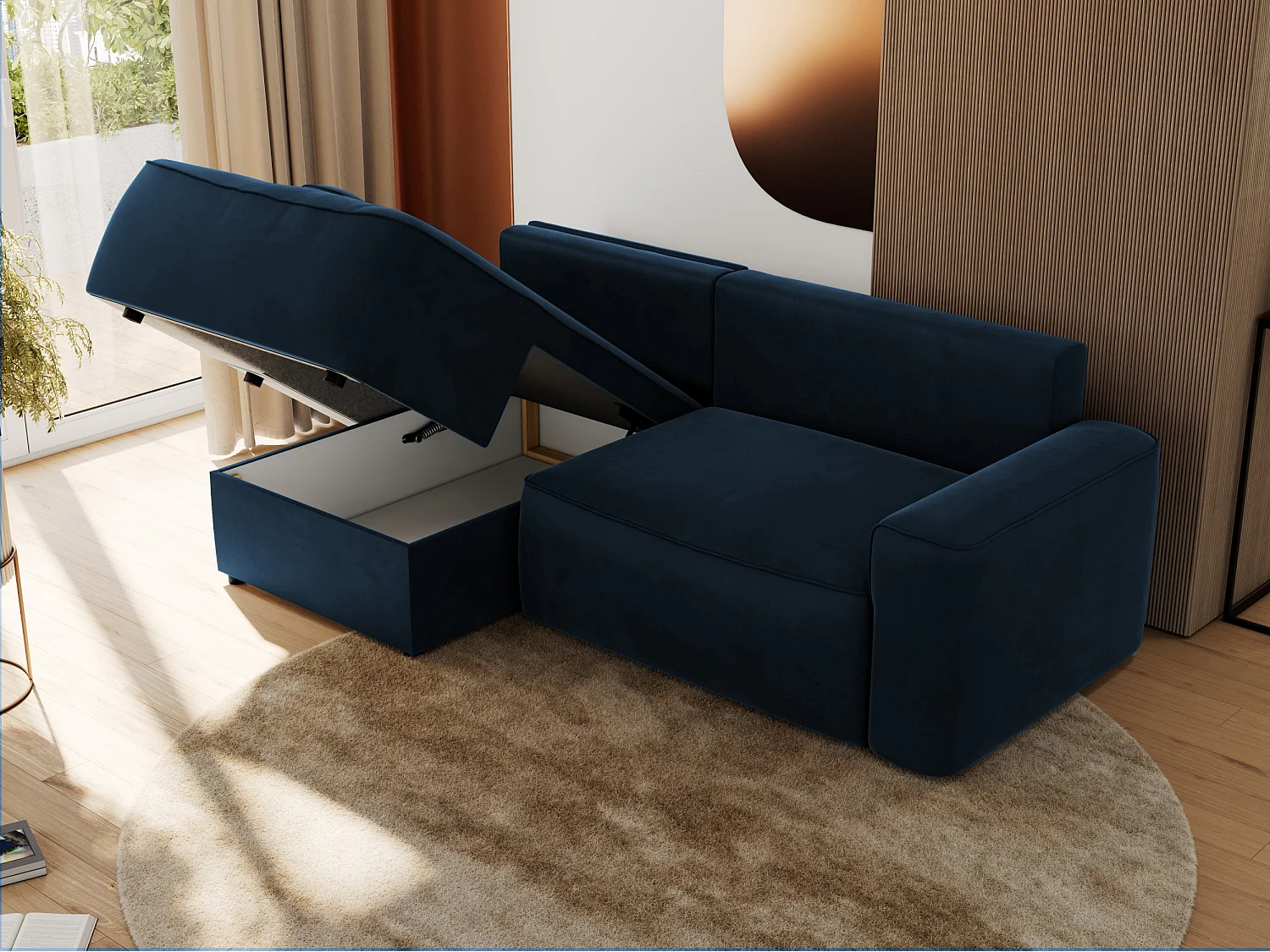 Ecksofa BELLUNO - Schlafsofa mit Bettkasten, Armlehnen, Couch L-form mit Schlaffunktion - Dunkelblau Velvet - Ecke Links