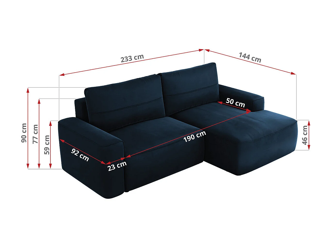 Ecksofa BELLUNO - Schlafsofa mit Bettkasten, Armlehnen, Couch L-form mit Schlaffunktion - Dunkelblau Velvet - Ecke Links