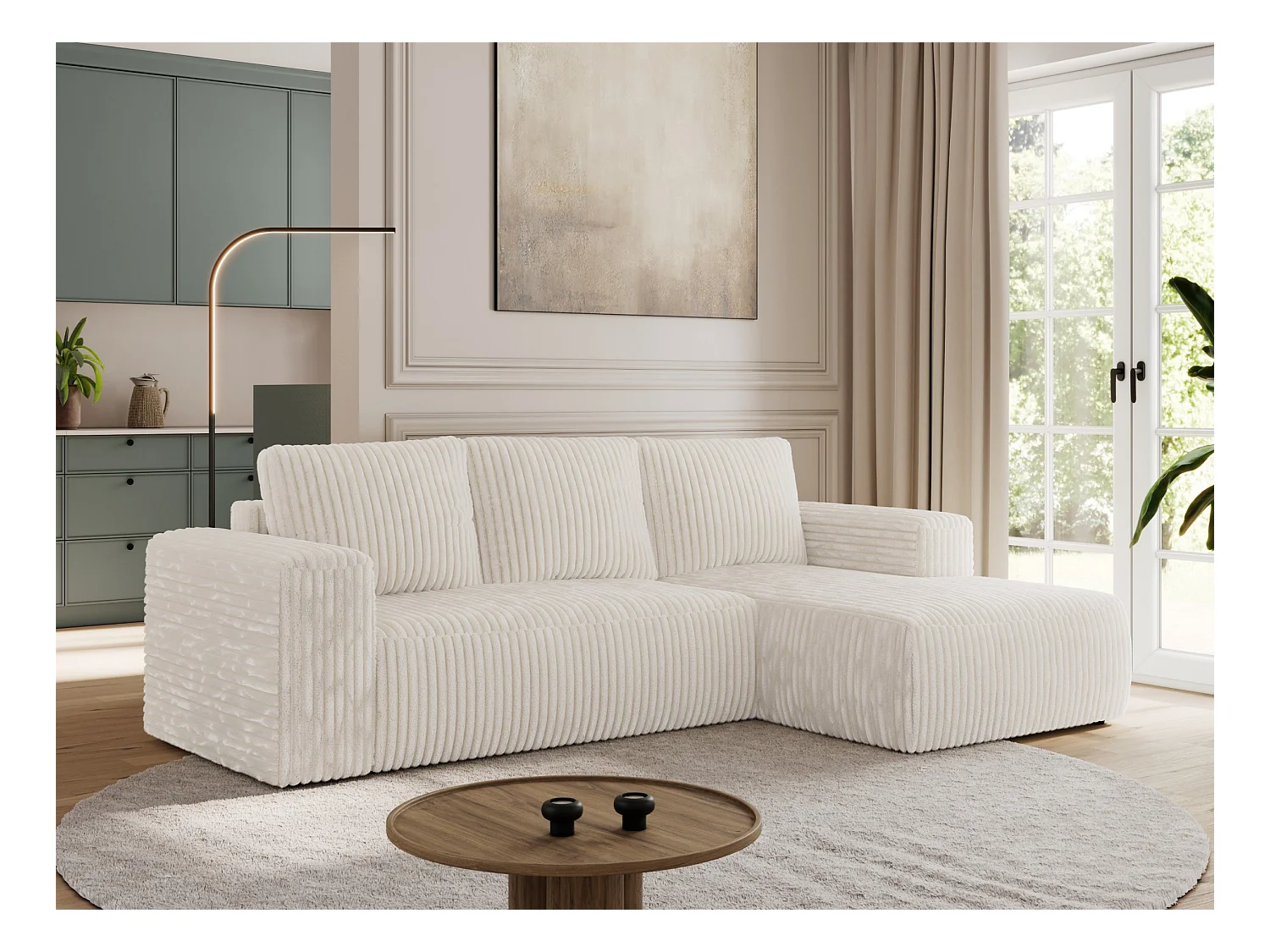 Ecksofa TRENTINO - mit Schlaffunktion und Bettkasten, L-form Couch, lose Kissen und Armlehnen - Beige Cord - Ecke Rechts