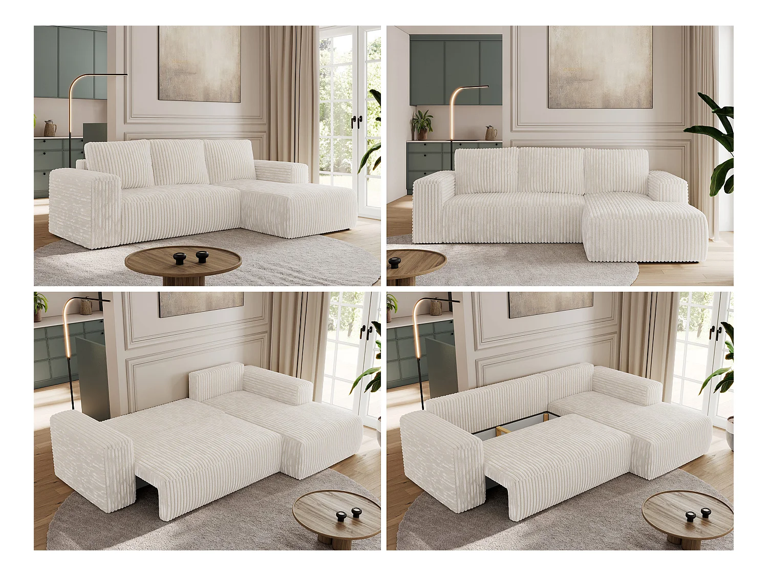 Ecksofa TRENTINO - mit Schlaffunktion und Bettkasten, L-form Couch, lose Kissen und Armlehnen - Beige Cord - Ecke Rechts