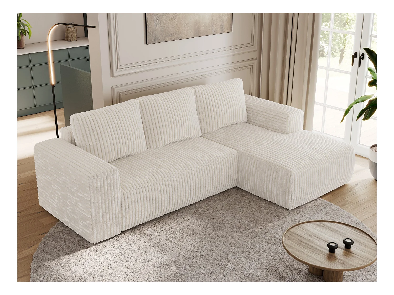 Ecksofa TRENTINO - mit Schlaffunktion und Bettkasten, L-form Couch, lose Kissen und Armlehnen - Beige Cord - Ecke Rechts