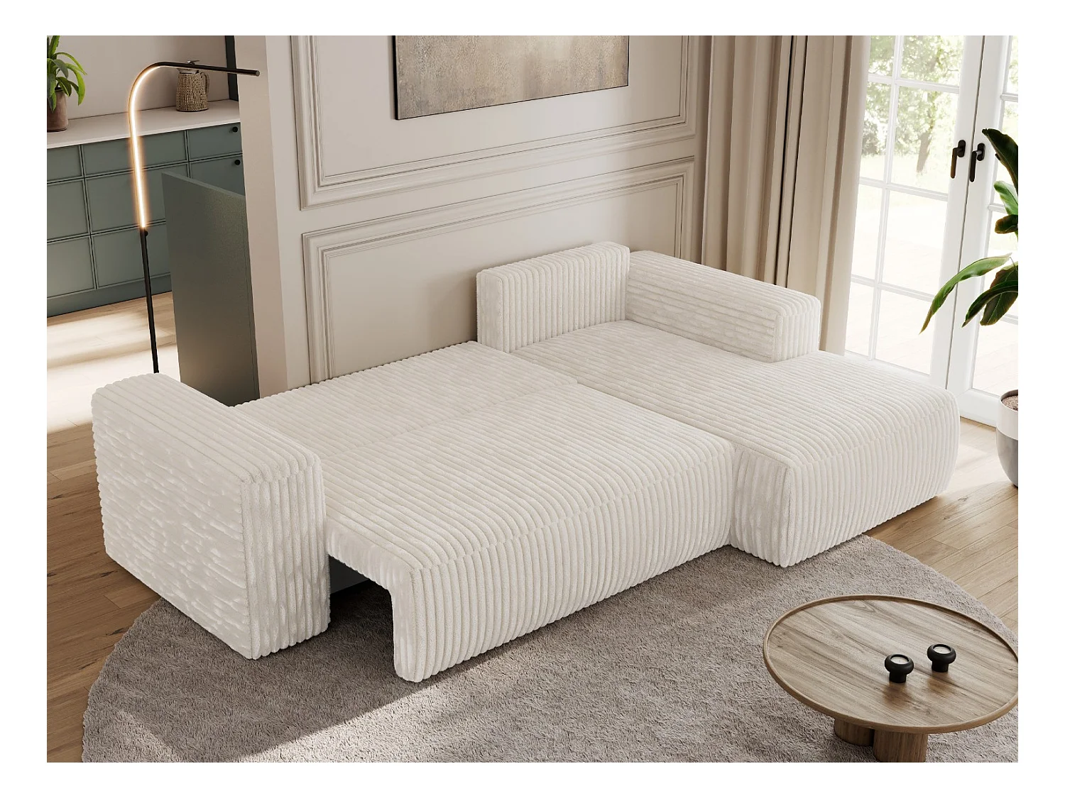 Ecksofa TRENTINO - mit Schlaffunktion und Bettkasten, L-form Couch, lose Kissen und Armlehnen - Beige Cord - Ecke Rechts