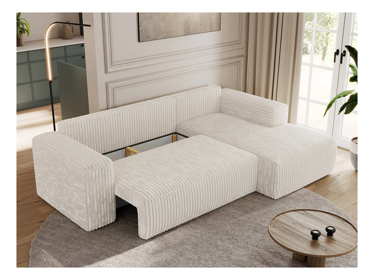Ecksofa TRENTINO - mit Schlaffunktion und Bettkasten, L-form Couch, lose Kissen und Armlehnen - Beige Cord - Ecke Rechts