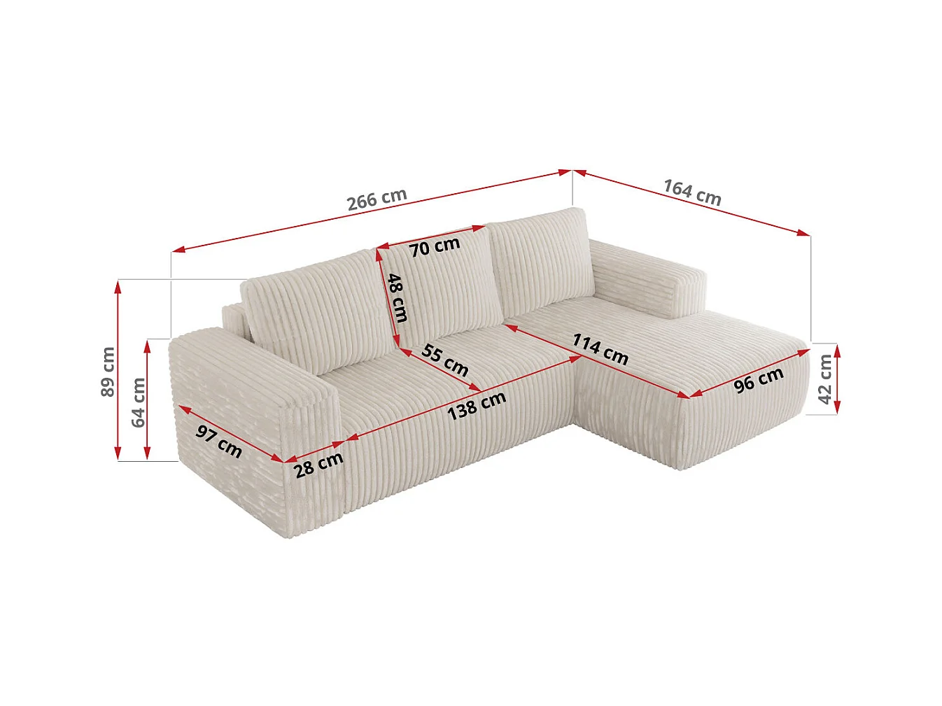 Ecksofa TRENTINO - mit Schlaffunktion und Bettkasten, L-form Couch, lose Kissen und Armlehnen - Beige Cord - Ecke Rechts