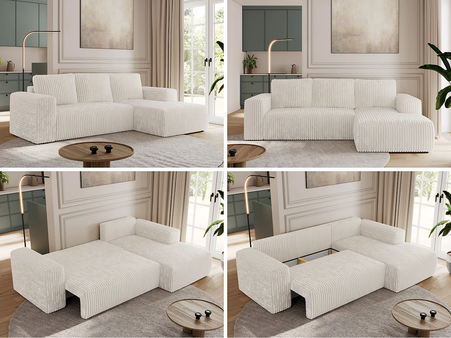 Ecksofa TRENTINO - mit Schlaffunktion und Bettkasten, L-form Couch, lose Kissen und Armlehnen - Beige Cord - Ecke Rechts