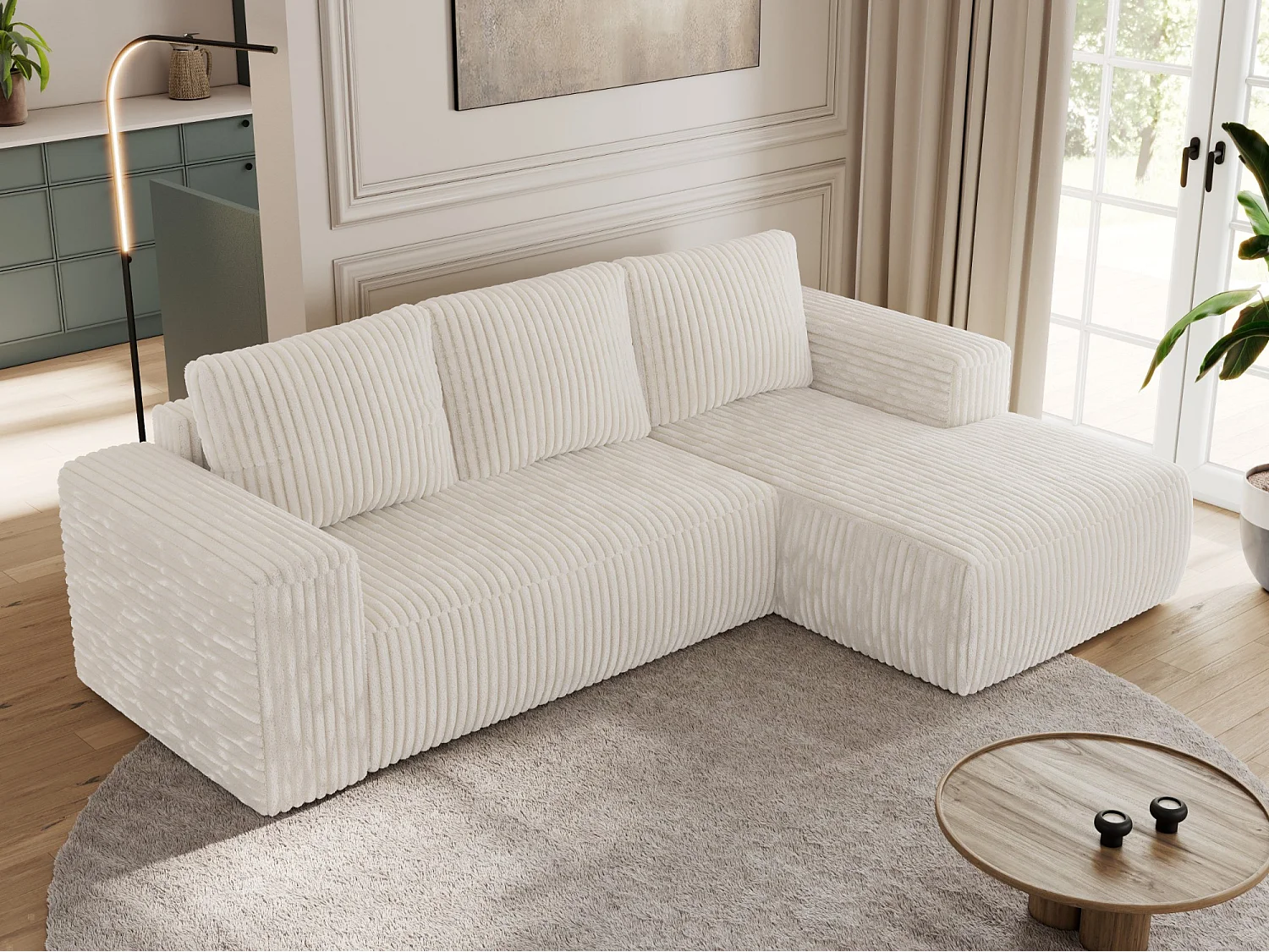 Ecksofa TRENTINO - mit Schlaffunktion und Bettkasten, L-form Couch, lose Kissen und Armlehnen - Beige Cord - Ecke Rechts