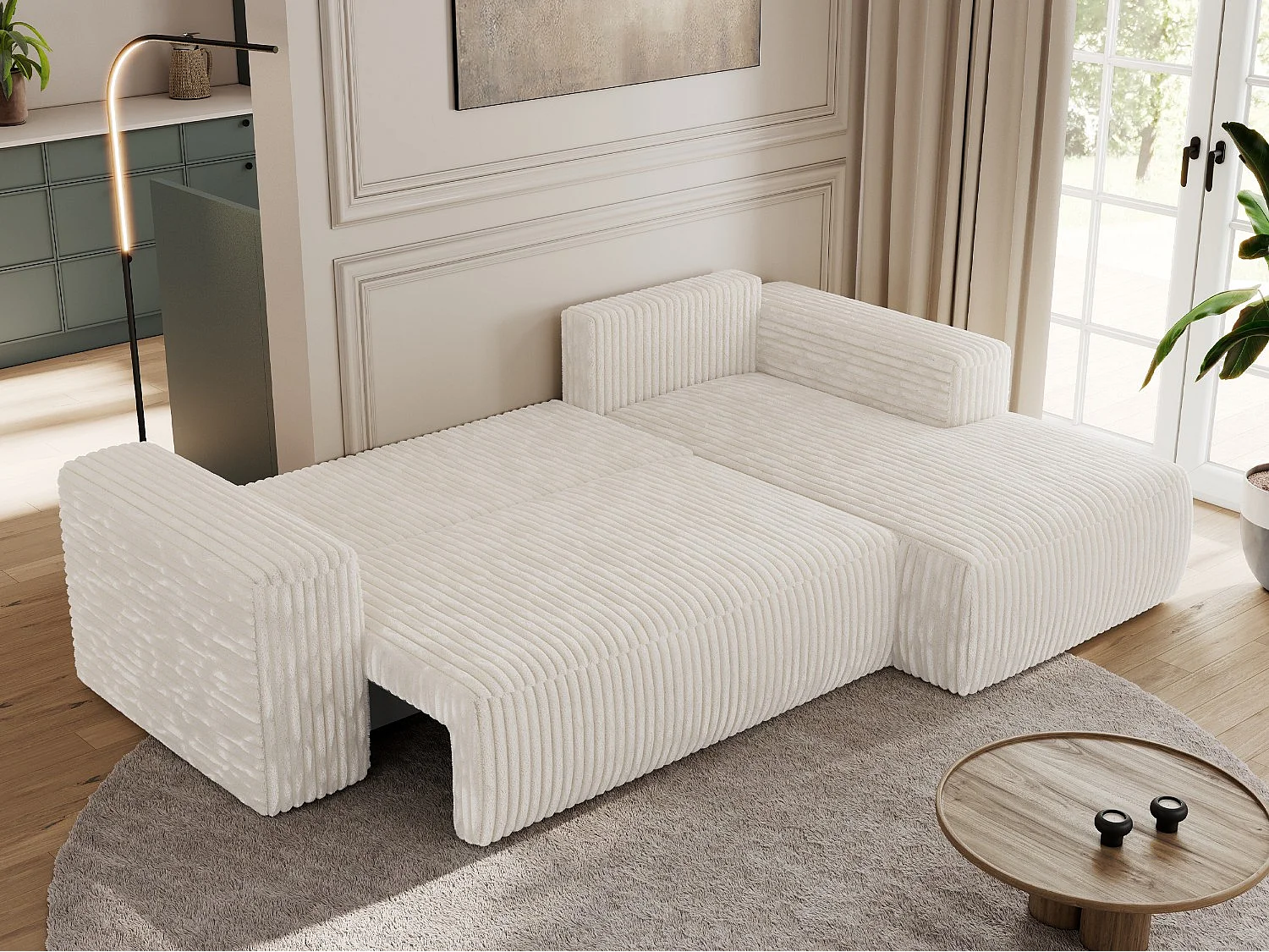 Ecksofa TRENTINO - mit Schlaffunktion und Bettkasten, L-form Couch, lose Kissen und Armlehnen - Beige Cord - Ecke Rechts