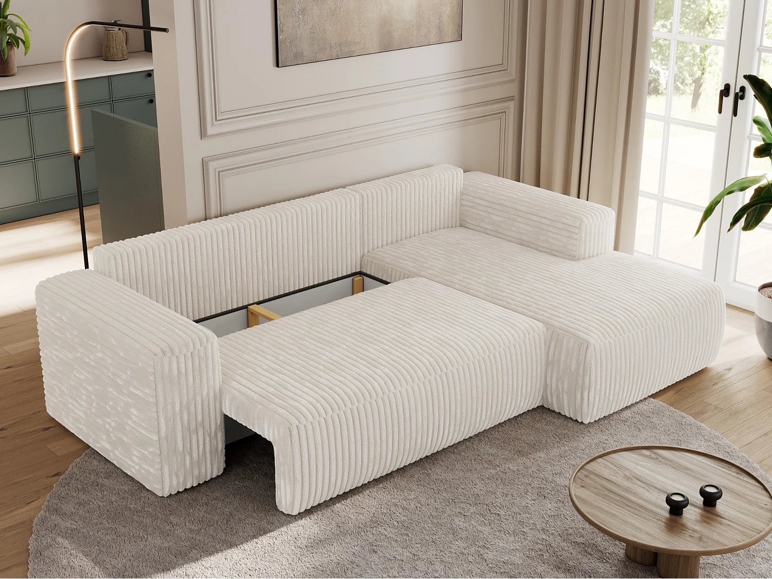Ecksofa TRENTINO - mit Schlaffunktion und Bettkasten, L-form Couch, lose Kissen und Armlehnen - Beige Cord - Ecke Rechts