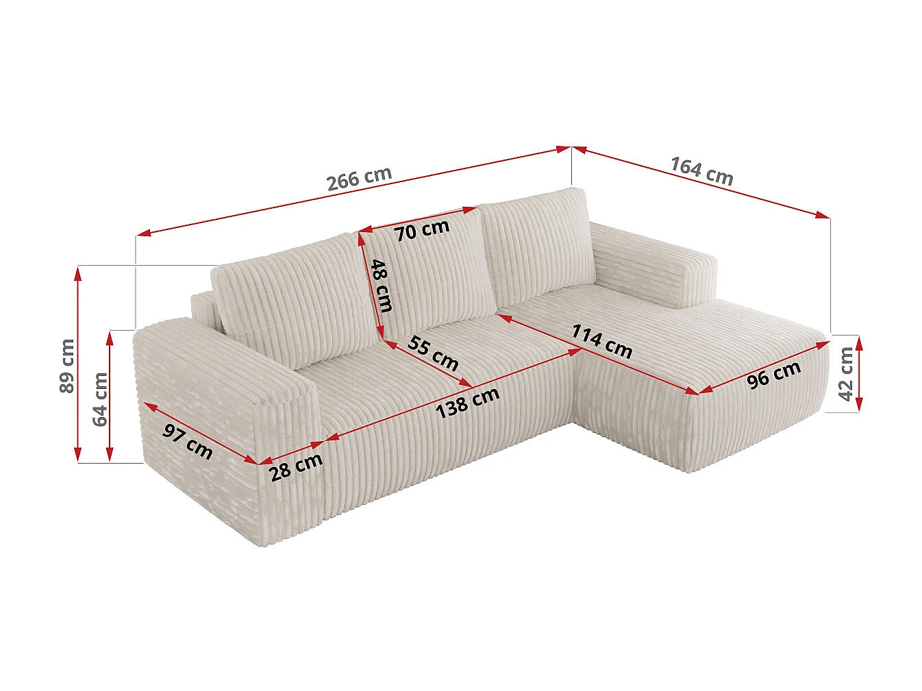 Ecksofa TRENTINO - mit Schlaffunktion und Bettkasten, L-form Couch, lose Kissen und Armlehnen - Beige Cord - Ecke Rechts