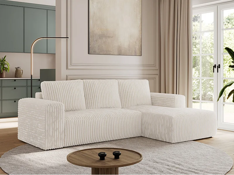 Ecksofa TRENTINO - mit Schlaffunktion und Bettkasten, L-form Couch, lose Kissen und Armlehnen - Beige Cord - Ecke Rechts