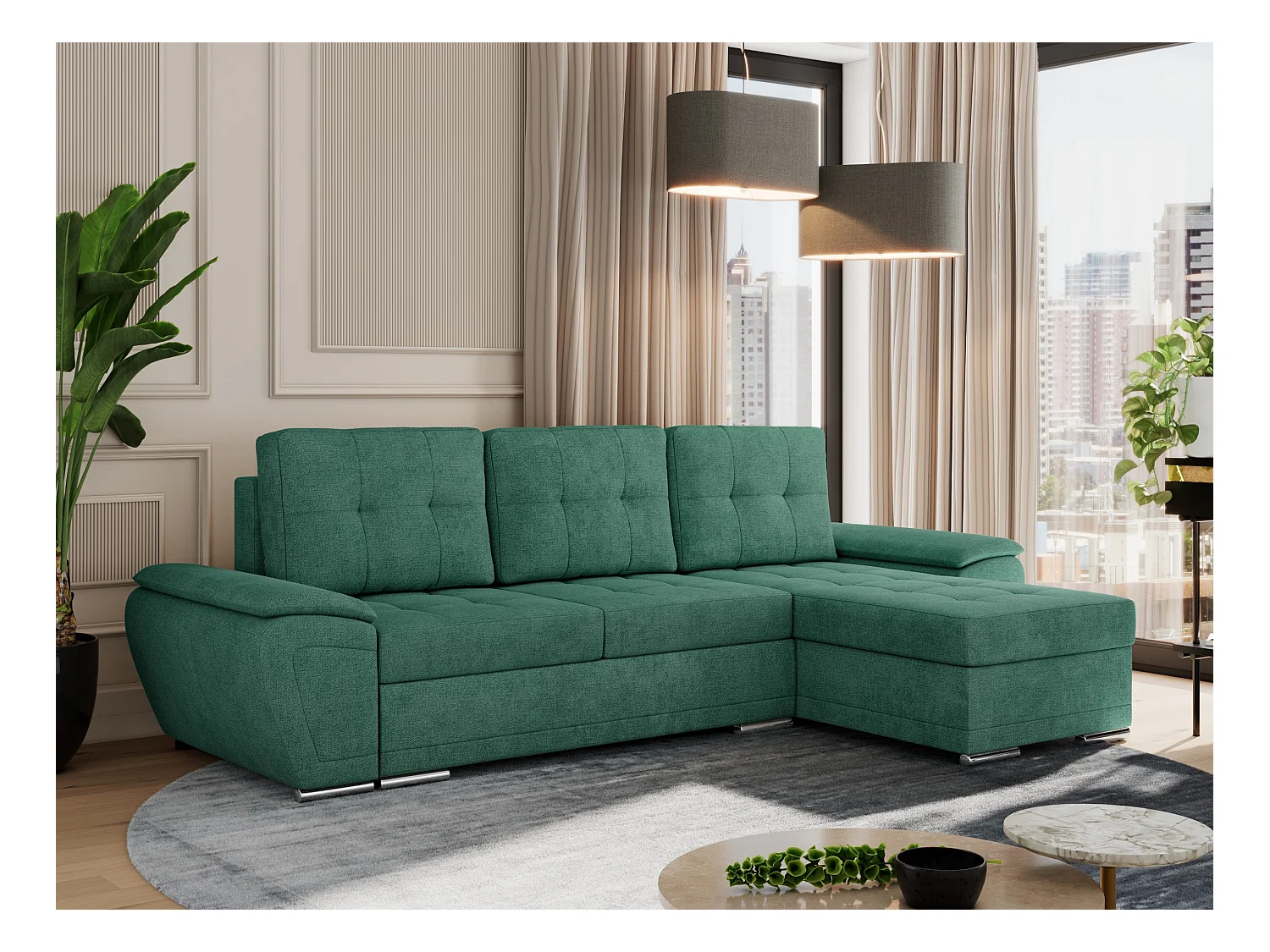 Ecksofa UMBRIA - universell L-form Couch, Schlaffunktion und Bettkasten, gesteppte Ecke - Grün Stukture